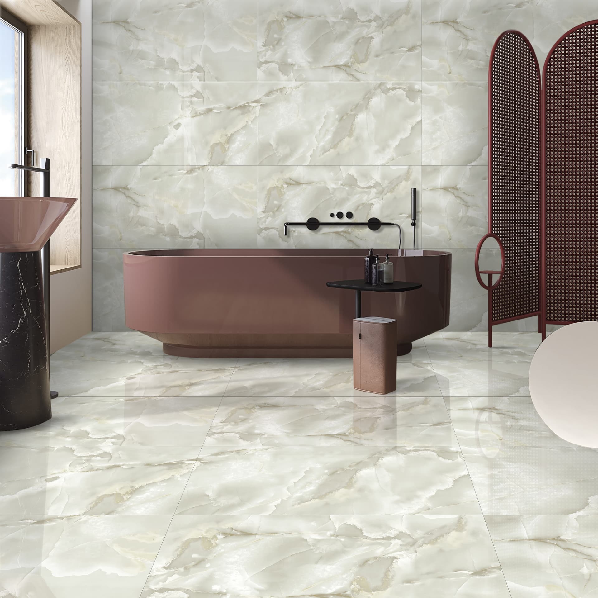 Onix Emerald porcelain tile installed in an interior
