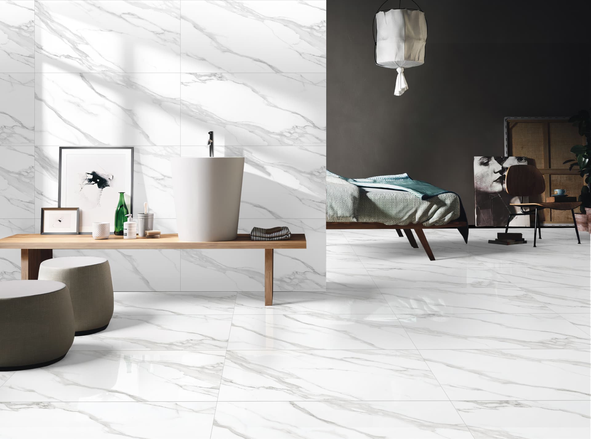 Somera Blanco porcelain tile installed in an interior