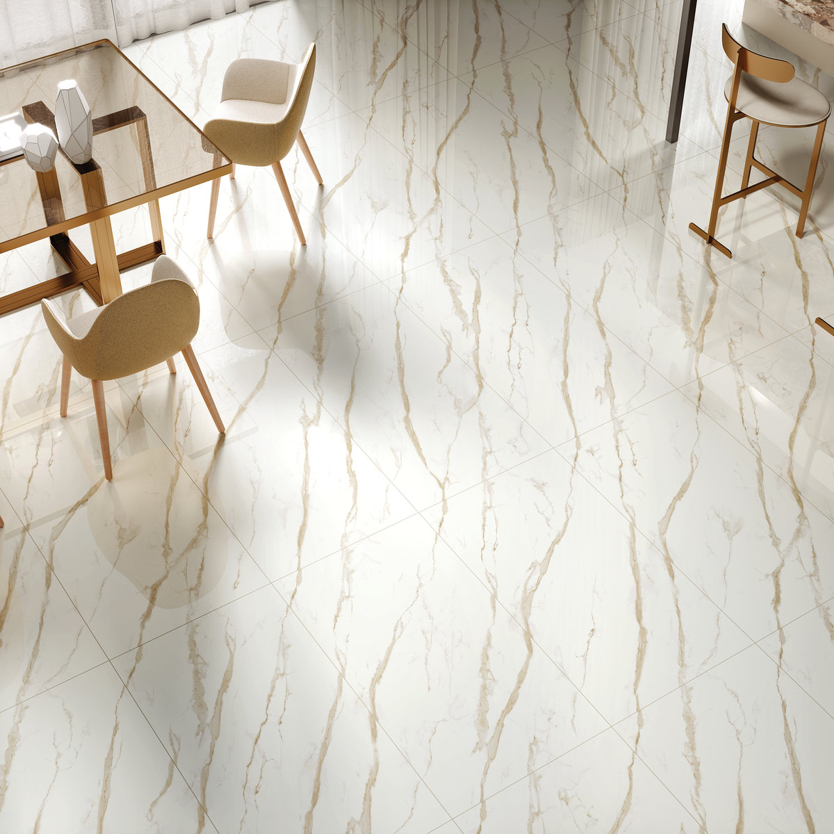 Venezia Gold Endless porcelain tile installed in an interior